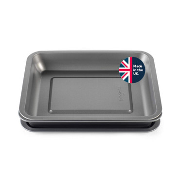 Set of two silver rectangular baking trays with 'Made in the UK' badge.