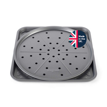 Silver non-stick pizza tray and oven tray set, perforated, circular, with Made in UK badge