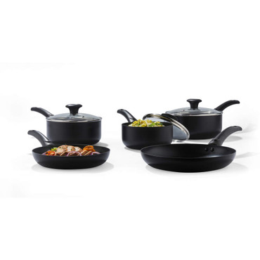 Black non-stick cookware set with glass lids, shown with food, suitable for UK kitchens