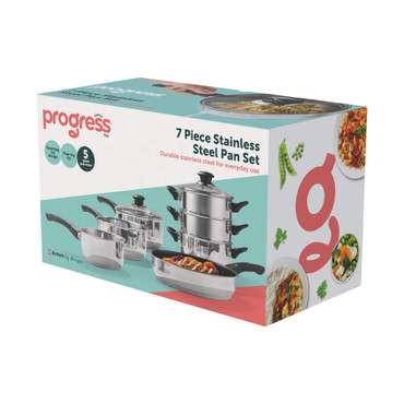 Boxed 7 piece stainless steel pan set, silver, with straining lids and pouring lips.