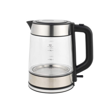 Clear glass electric kettle with stainless steel base and black handle, side view