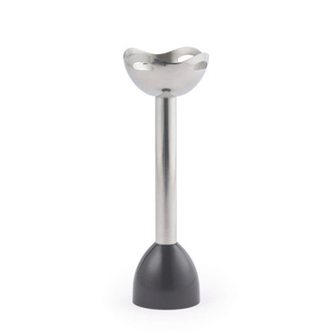 Stainless steel blender stick attachment with black plastic base, shown upright.