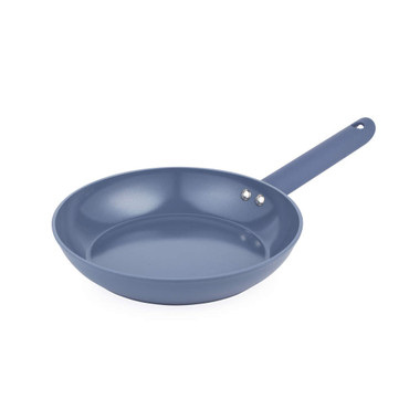Blue non-stick frying pan with handle, shown on white background
