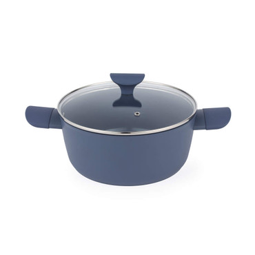 Blue casserole pot with glass lid and side handles, shown on plain white background