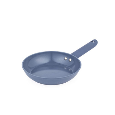Blue non-stick frying pan with handle, shown at an angle on white background