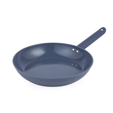 Blue non-stick frying pan with handle, shown from side angle