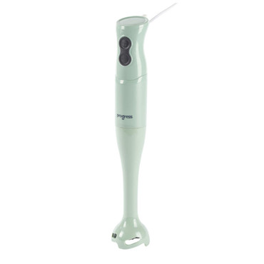 Light green hand blender with black buttons, Progress brand, shown upright.