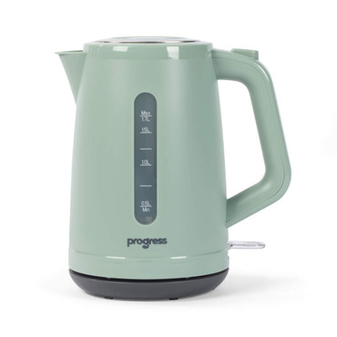 1.7L sage green electric kettle with water level window and handle, side view