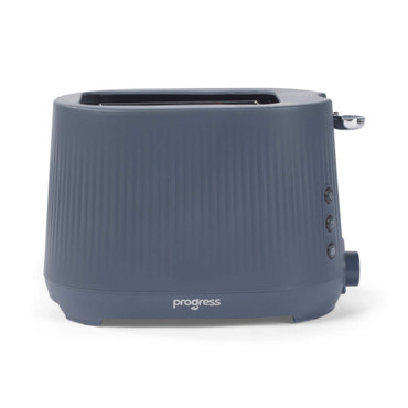 Blue 2-slice toaster with ribbed design, side buttons and lever, Progress brand logo