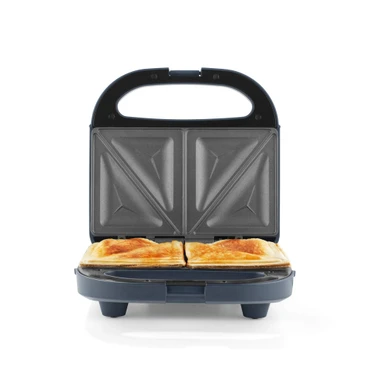 Open sandwich maker with two toasted sandwiches inside, shown from the front
