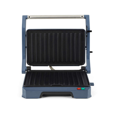 Blue electric panini press with open grill plates, shown from the front.