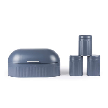 Blue bread bin with matching tea, coffee and sugar canisters