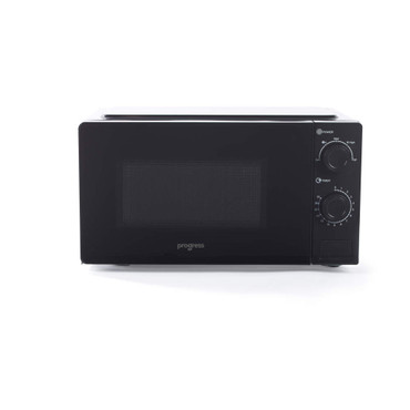 Black compact microwave oven with manual dials, front view
