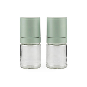 Set of two glass herb or spice storage jars with sage green lids