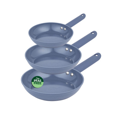 Set of three blue non-stick frying pans, PFAS free, shown stacked side by side.