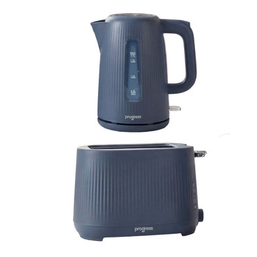 Dark grey kettle and toaster set with ribbed finish, shown side by side.