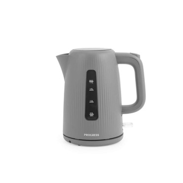 Grey electric kettle with water level indicator, side view