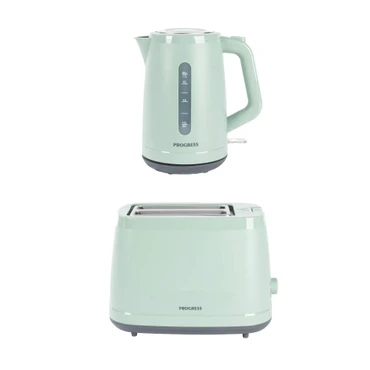 Pale green electric kettle and 2-slice toaster set, modern design, side view