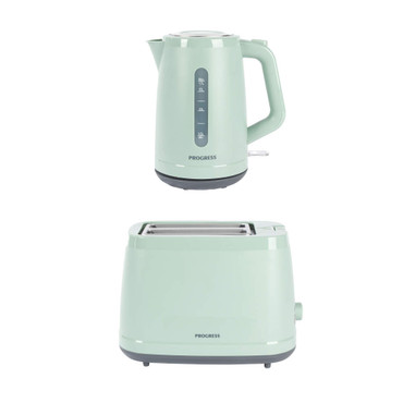 Pale green electric kettle and 2-slice toaster set, modern design, side view