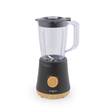 Black Progress blender with clear jug and wood-effect dial, shown upright on white background