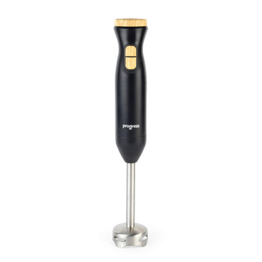 Black hand blender with wood-effect buttons and handle, stainless steel blending shaft