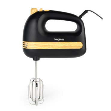 Black hand mixer with wood-effect detail, beaters attached, side view