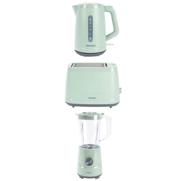 Set of mint green kettle, toaster and blender on white background