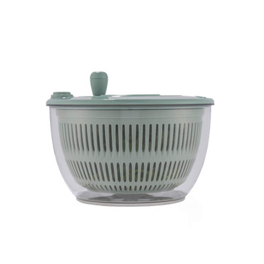 Green salad spinner with clear bowl and lid, shown from the side.