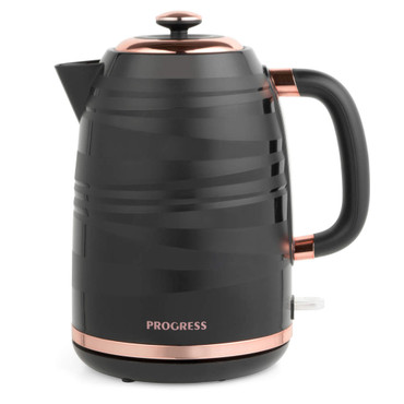 Black electric kettle with rose gold accents, side view