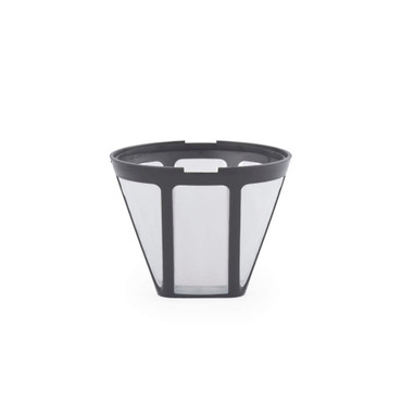 Reusable black mesh coffee filter, shown upright for single-serve machines