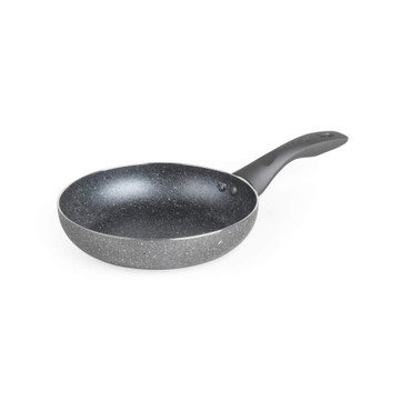 Grey non-stick frying pan with speckled finish and black handle, shown at angle.