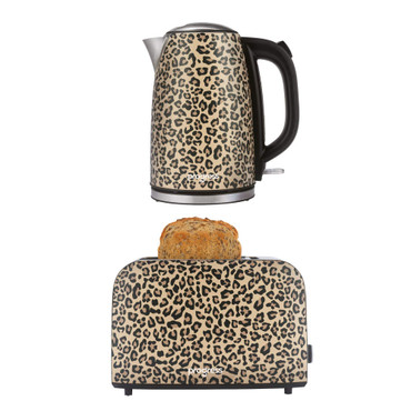 Leopard print kettle and toaster set with toast, cream and black finish