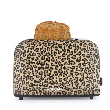 Beige two-slice toaster with black leopard print and toasted bread