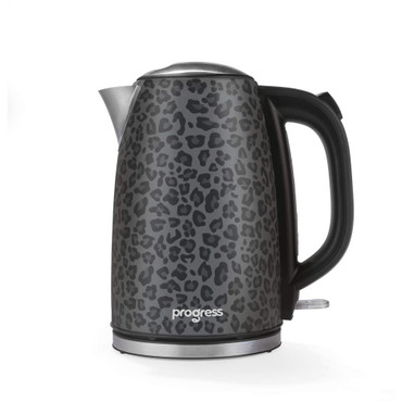 Black kettle with grey leopard print pattern and Progress logo, side view