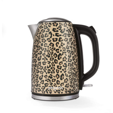 Beige electric kettle with black leopard print pattern, shown upright on a white background