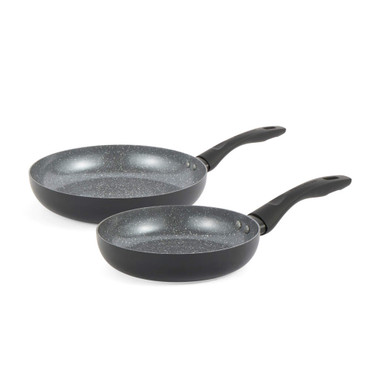 Set of two grey non-stick frying pans with black handles