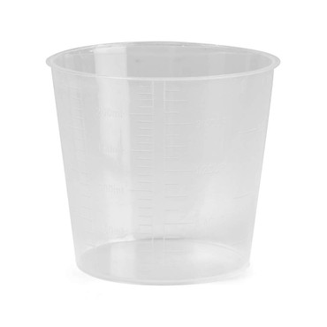 Clear plastic measuring cup with volume markings, shown upright