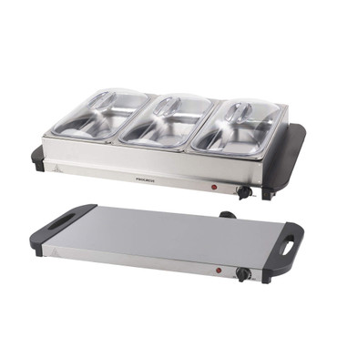 Stainless steel buffet server with three warming trays and glass lids, shown with hot plate.