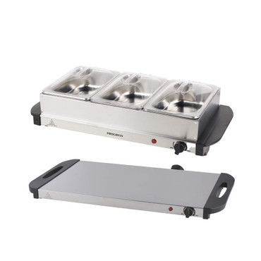Stainless steel buffet server with three lidded trays and hot plate, shown empty.