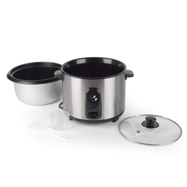 Stainless steel rice cooker with inner pot, glass lid, measuring cup and rice paddle