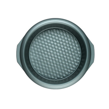 Round green non-stick cake tin with textured base, top-down view