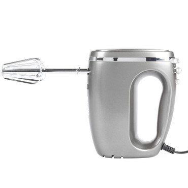 Gunmetal electric hand mixer with beater attachment, side view