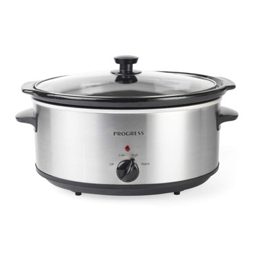 Silver electric slow cooker with black lid and dial, shown from the front.