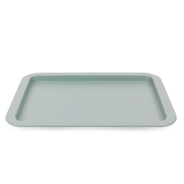 Green non-stick baking tray, rectangular, shown from above