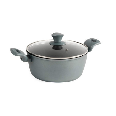 Grey cooking pot with glass lid and side handles, shown on white background