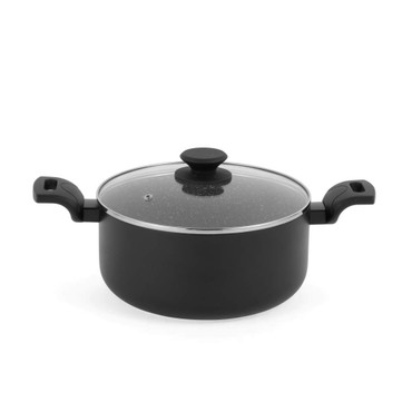 Black non-stick casserole pan with two handles and glass lid