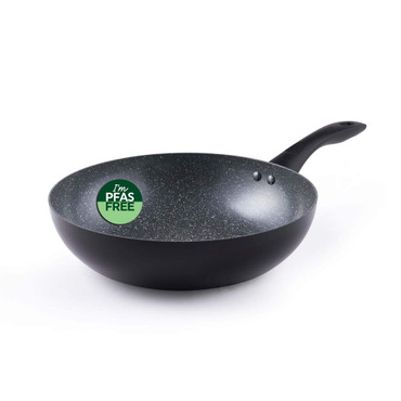 Grey non-stick wok with speckled finish and PFAS free label, angled side view