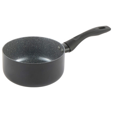 Black non-stick saucepan with speckled interior and ergonomic handle, angled side view