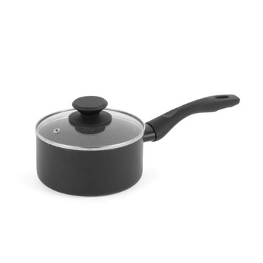 Grey non-stick saucepan with black handle and glass lid, shown on white background