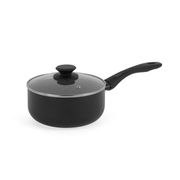 Grey non-stick saucepan with glass lid and black handle, shown on white background